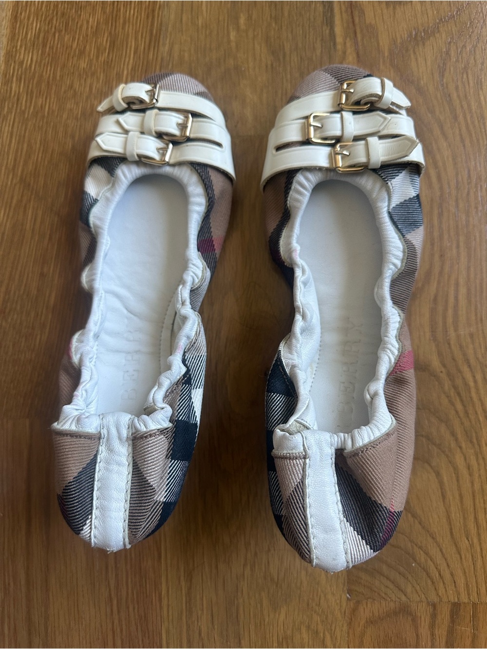 Burberry Beige Check Ballet Flats with White Trim and Gold Buckles